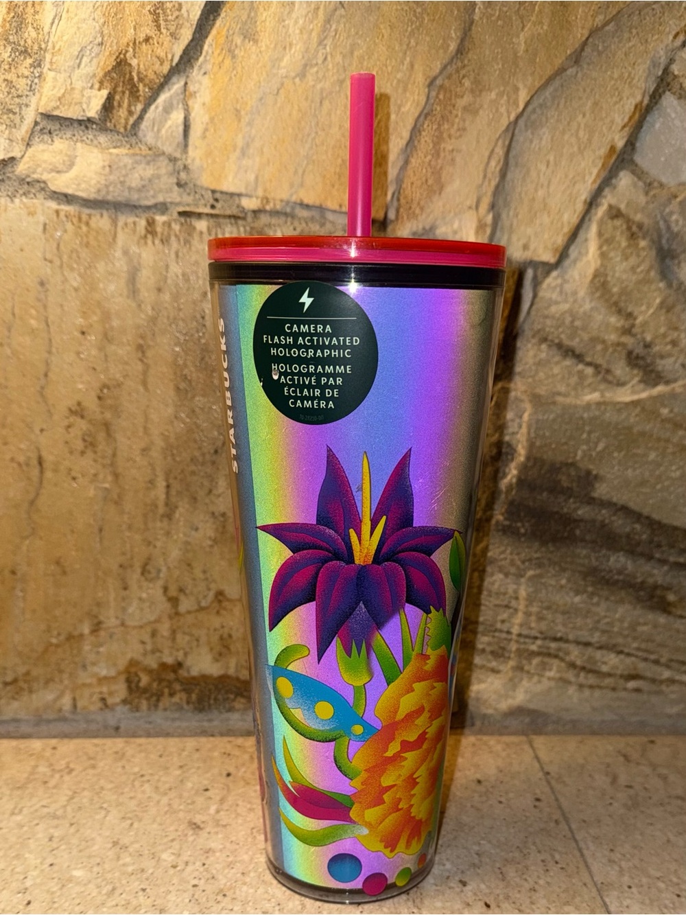 COLLECTORS Starbucks Holographic Floral Tumbler Camera Flash Activated Pink 24oz